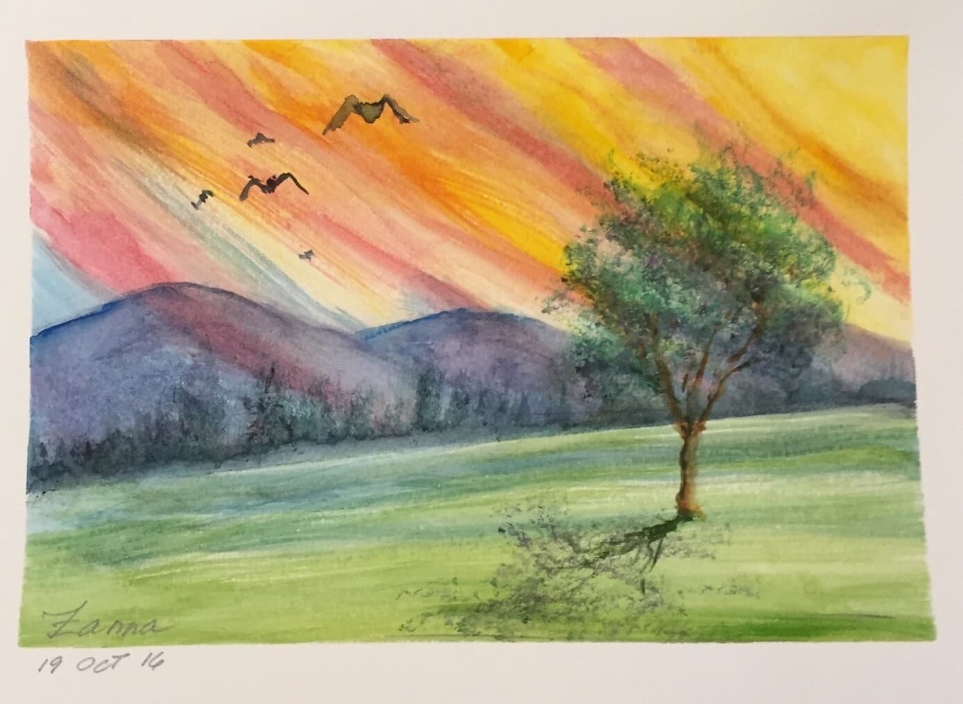 Lone Tree at Sunset with Birds