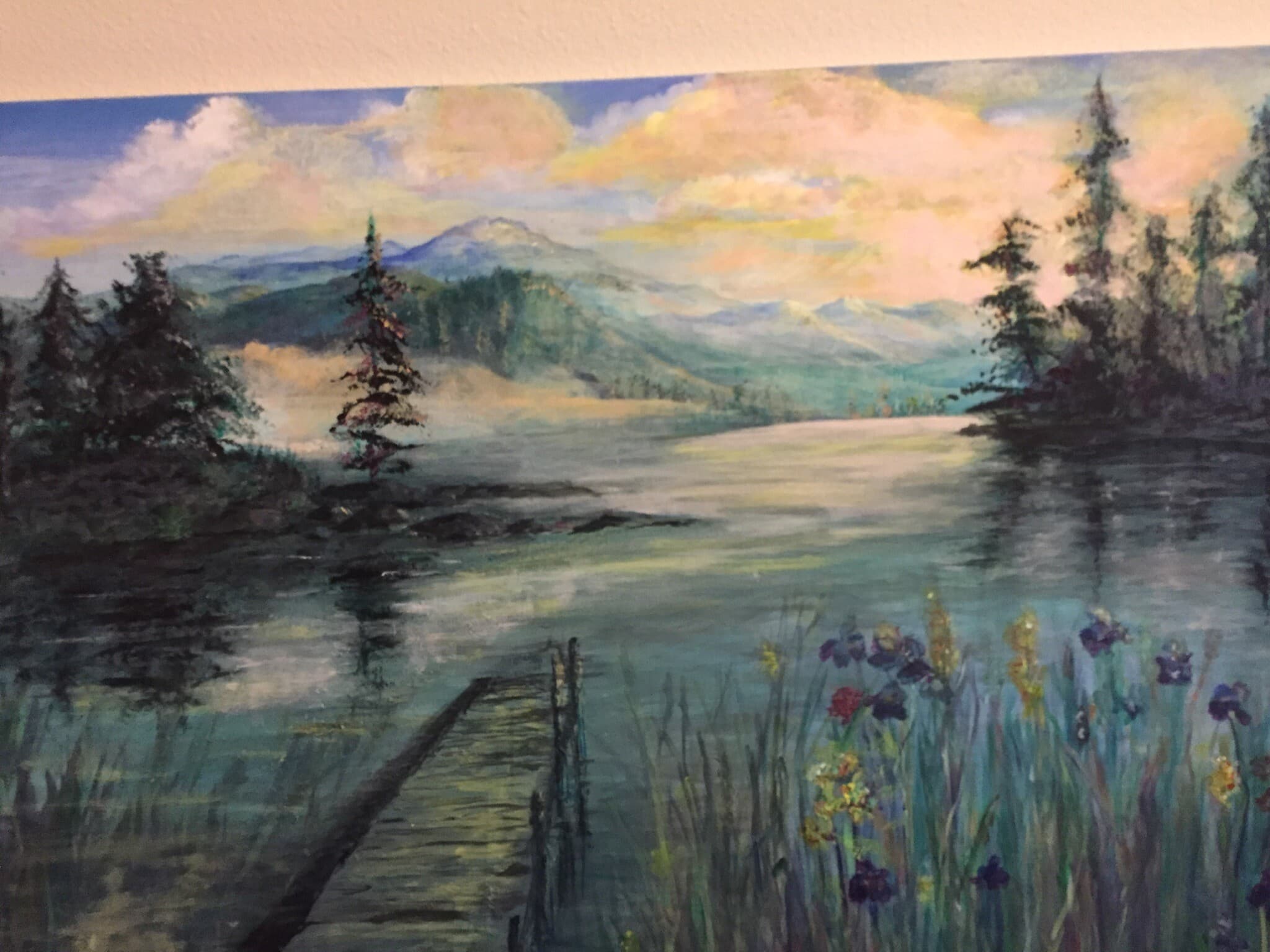 Mountain Lake with Irises and a Dock