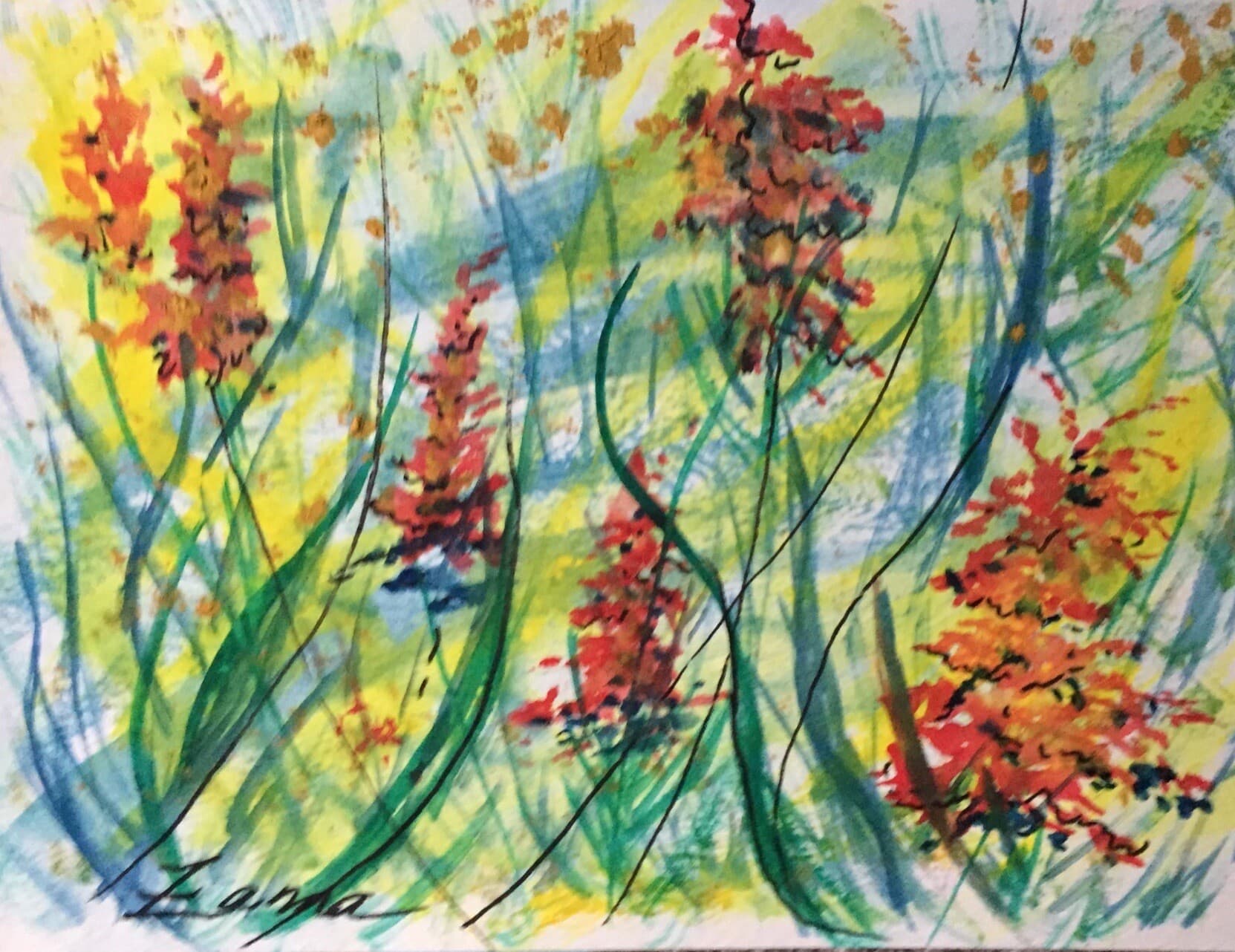 Red Spires Among Green Grasses