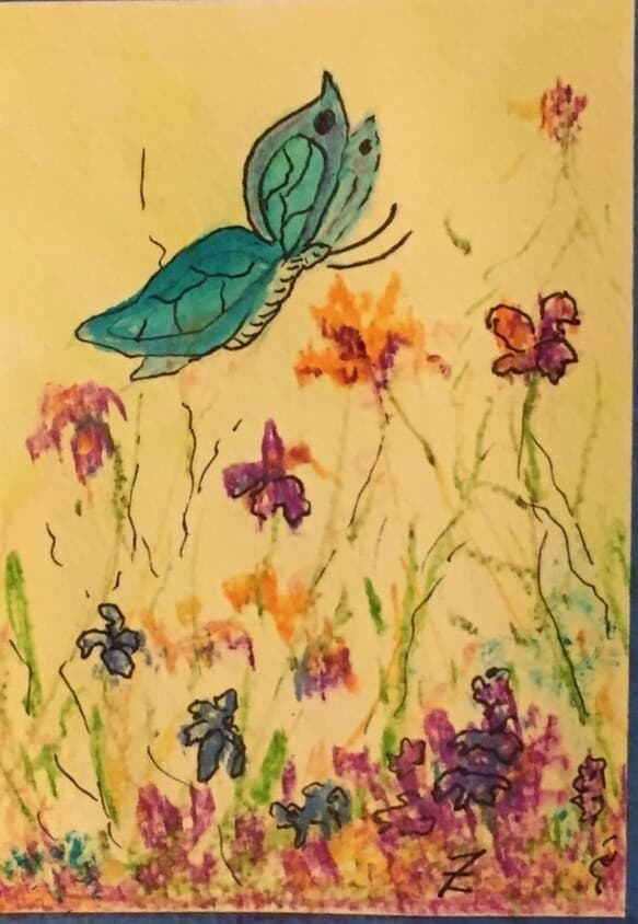 Teal Butterfly Over a Wildflower Meadow